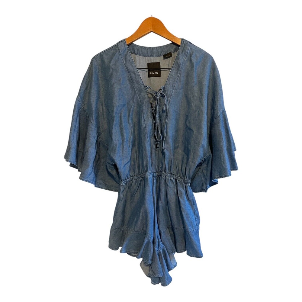 PINKO Romper Women's Size 4 IT40 Daria Blue Soft Denim Ruffled Hem